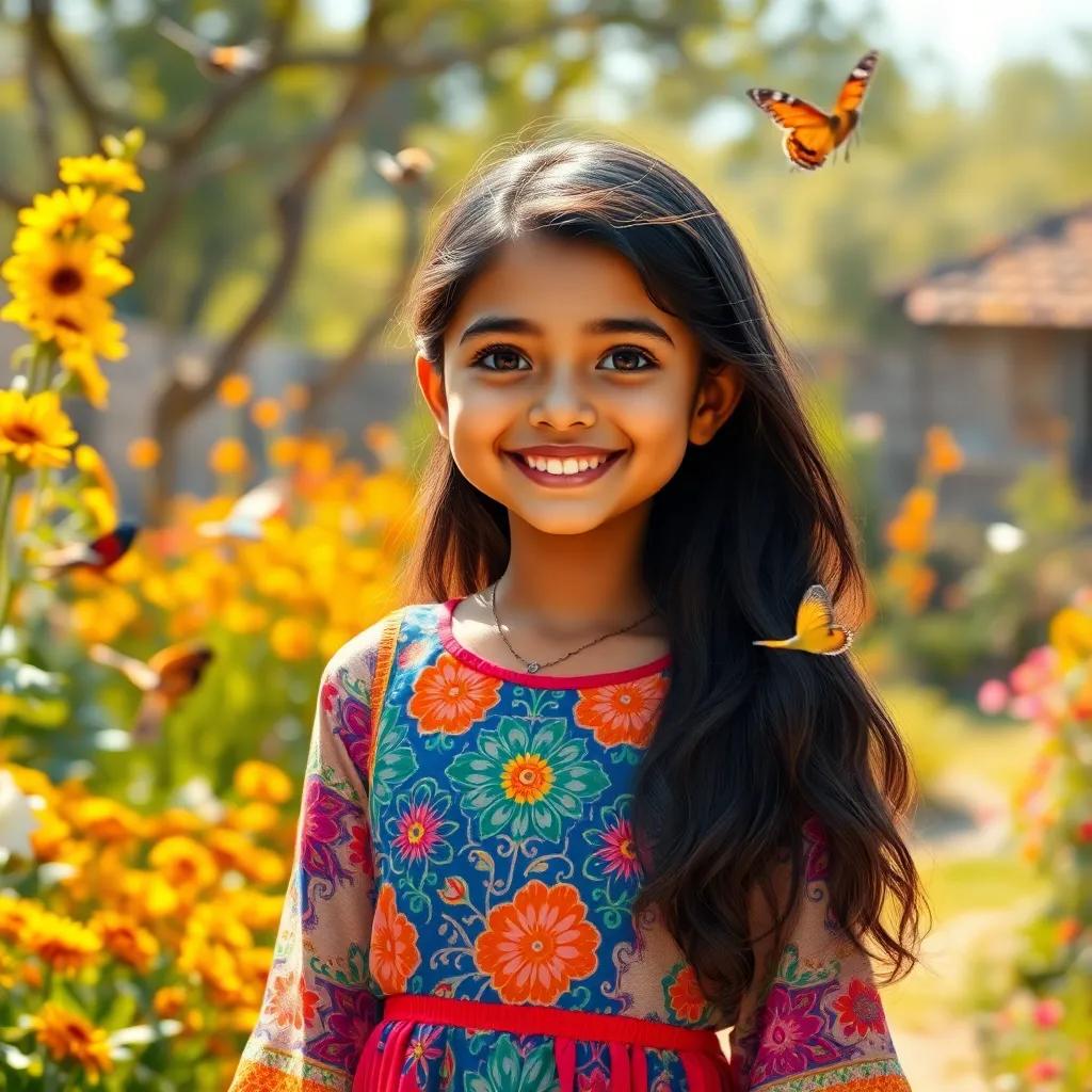 A cheerful young Arabic girl, Monna, with long, dark hair, wearing a colorful dress, standing in a sunny garden with birds and butterflies, smiling joyfully, digital art, cheerful, bright colors, warm and inviting atmosphere, high quality