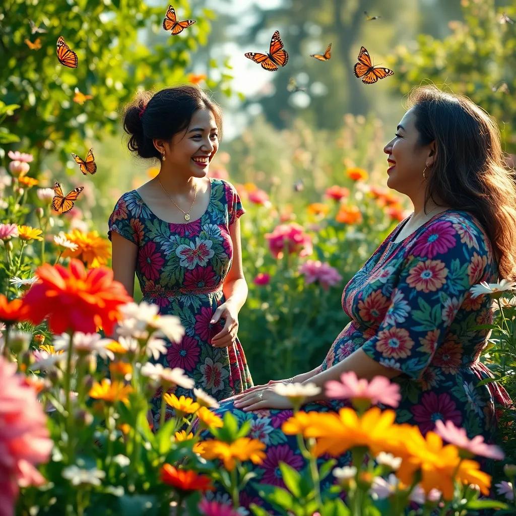 A warm atmosphere in the garden, with flowers blooming all around, butterflies flying, and Monna interacting with her mother, a woman in a colorful dress, enjoying the day, soft light, vibrant colors, family-friendly scene, high quality