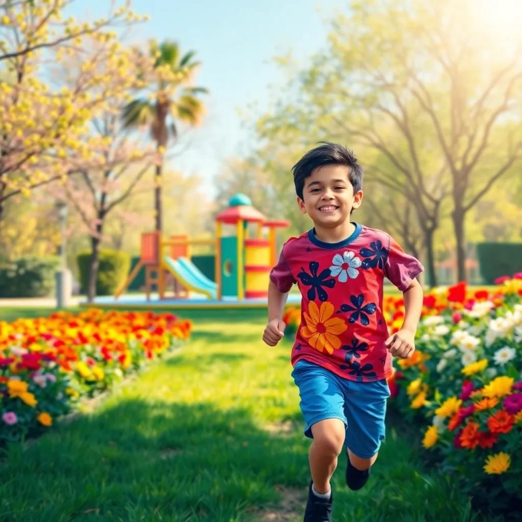 A bright morning scene in a park, where a young Arab boy, Talal, is wearing a colorful t-shirt and shorts, joyfully running towards a flower-filled playground, smiling under the sunshine, digital art, vibrant colors, cheerful atmosphere, high quality