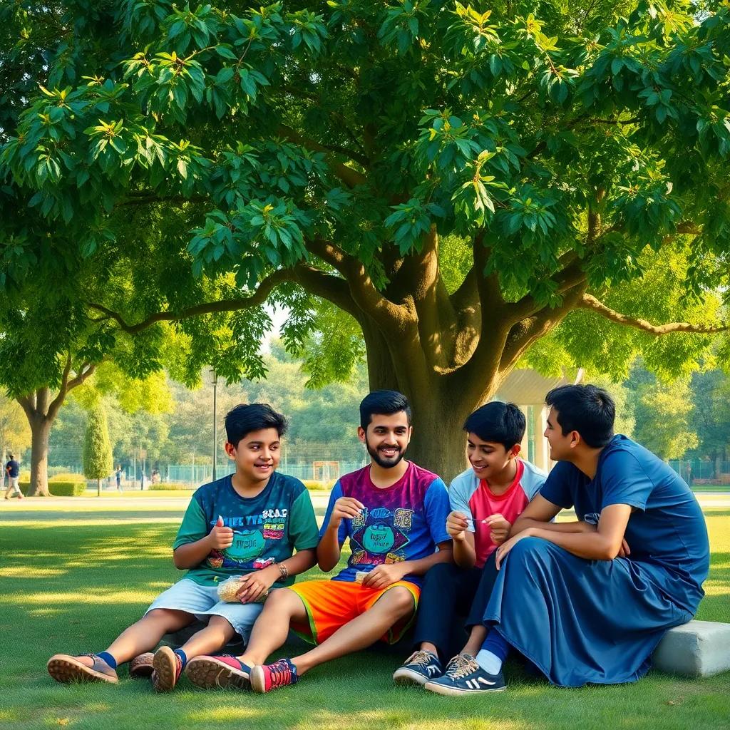 In the park under a large green tree, Talal, a young Arab boy, sitting with his friends, wearing a colorful t-shirt and shorts, sharing snacks and laughing together, colorful, warm light, playful setting, high quality