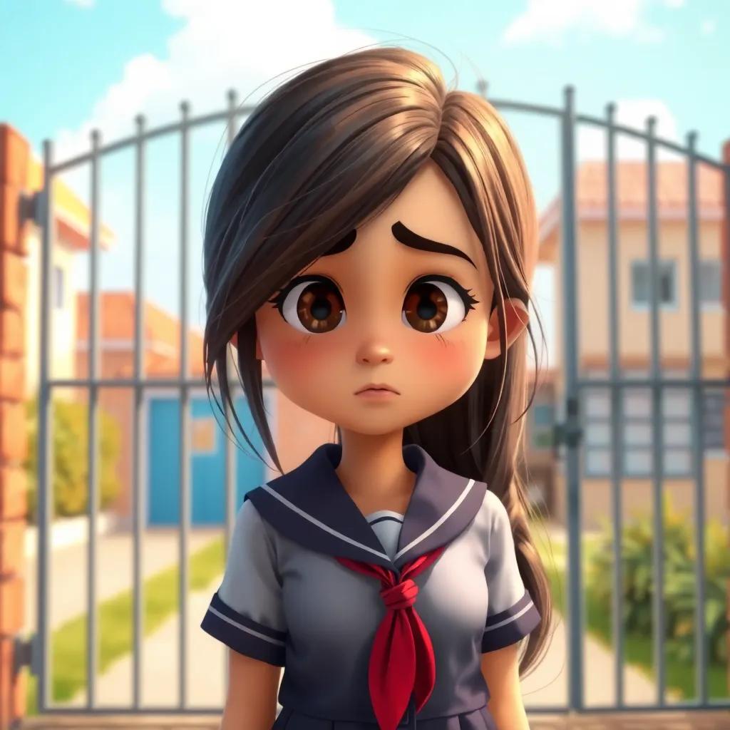 A young Arab girl, Mariam, with long, dark hair wearing a school uniform, standing outside a closed school gate with a confused expression, bright sunny day, cheerful atmosphere, digital art, vibrant colors, high quality
