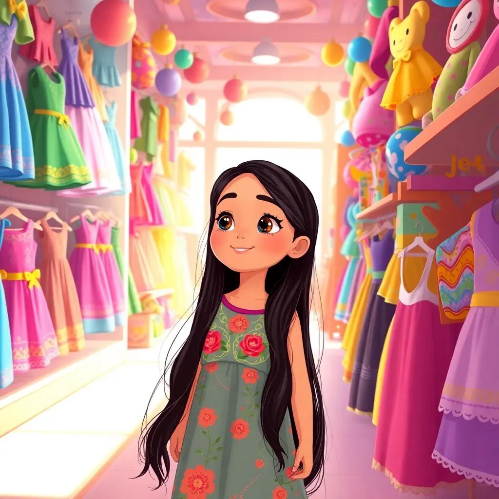 A young Arab girl, Mariam, with long, dark hair wearing a colorful dress, exploring a store filled with colorful dresses and toys, warm light, inviting atmosphere, illustration, joyful exploration, high quality