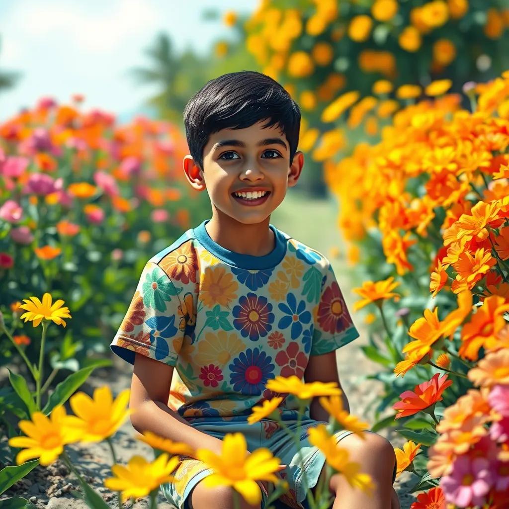 A young Arab boy, Ali, with short black hair, wearing a colorful t-shirt and shorts, sitting in a garden full of bright flowers, sunny day, digital art, vibrant colors, cheerful atmosphere, high quality