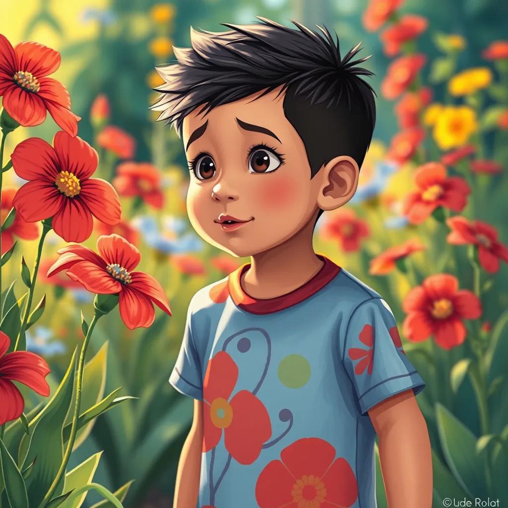 A young Arab boy, Ali, with short black hair, wearing a colorful t-shirt and shorts, looking amazed at red and blue flowers in a garden, lively background, illustration, playful, warm light, high resolution