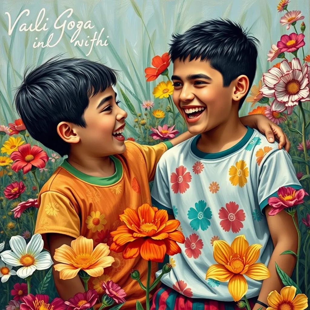 A young Arab boy, Ali, with short black hair, wearing a colorful t-shirt and shorts, laughing with his friend Sami among the flowers, joyful mood, detailed, colorful and vibrant scene, high quality