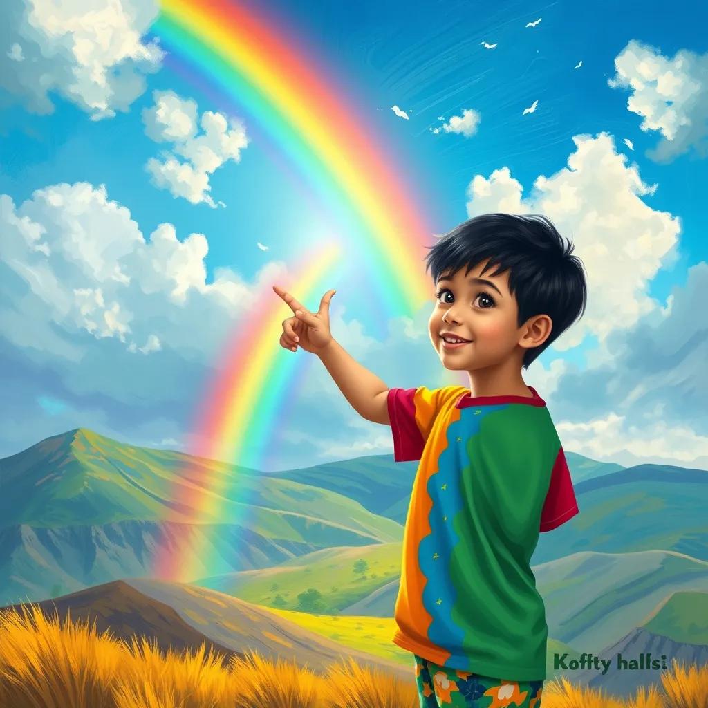 A young Arab boy, Ali, with short black hair, wearing a colorful t-shirt and shorts, pointing at a rainbow in the sky, excited expression, breathtaking scenery, digital painting, realistic, bright colors, high quality