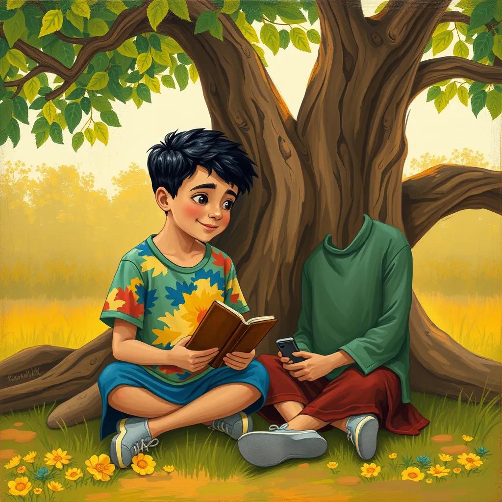 A young Arab boy, Ali, with short black hair, wearing a colorful t-shirt and shorts, sitting under a big tree with his friend Sami, sharing stories about their day, cozy and warm atmosphere, illustration, high quality