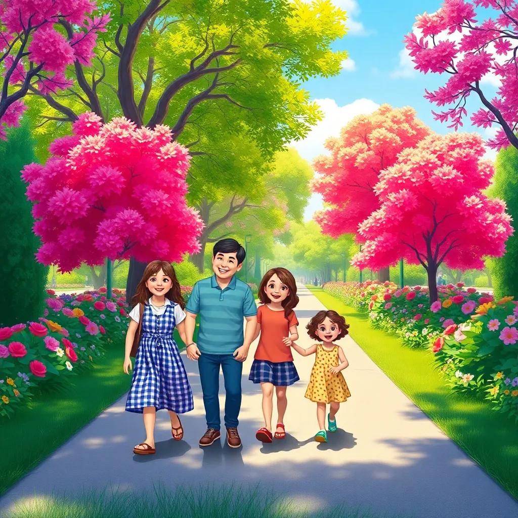 A happy family walking towards a colorful park with green trees and bright flowers, digital art, vibrant colors, sunny atmosphere, cheerful mood, high quality