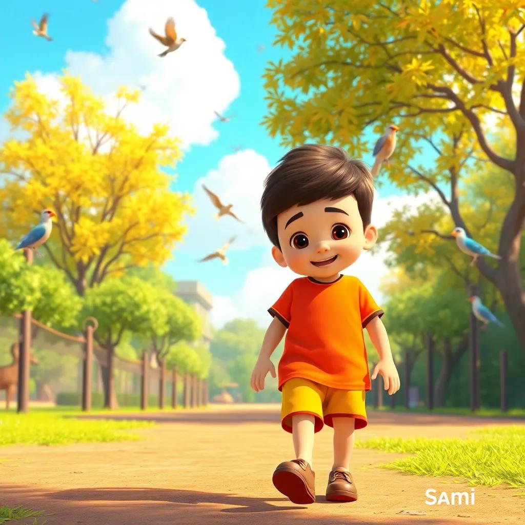 A sunny day in a zoo, a young Arab boy named Sami with short brown hair, wearing a bright t-shirt and shorts, walking excitedly with his mother, birds chirping in the background, vibrant colors, cheerful atmosphere, digital art, high quality