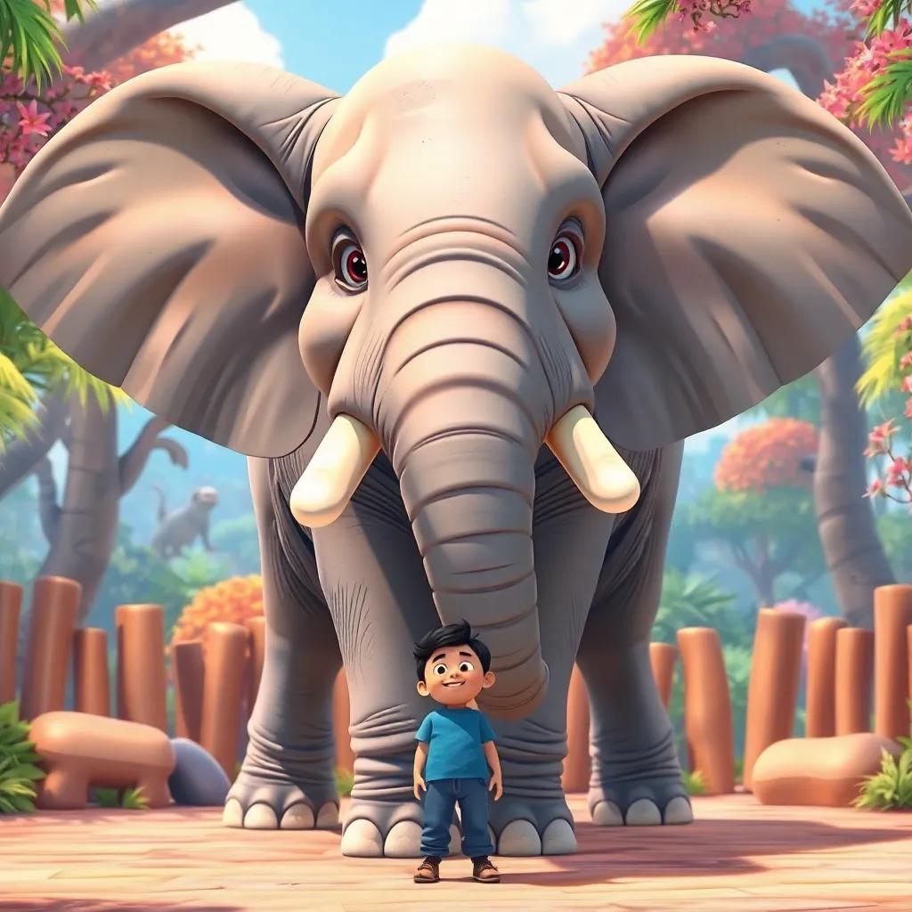 Sami stands in front of a huge elephant at the zoo, the elephant flapping its big ears and smiling playfully, Sami looks amazed and happy, colorful and engaging environment, beautiful zoo backdrop, cartoon style, high quality