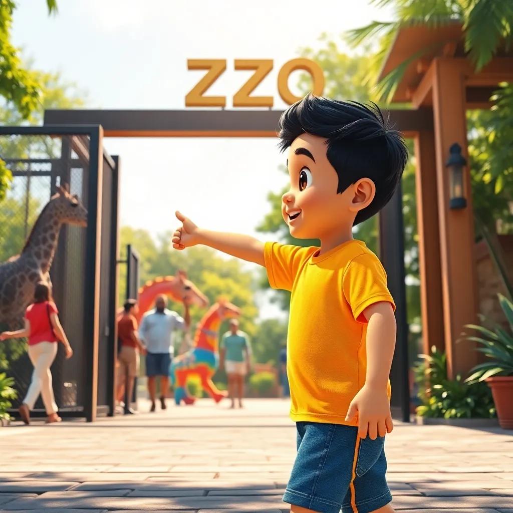 A young Arab boy, حسام, with short black hair wearing a bright t-shirt and shorts, excitedly pointing at the zoo entrance while holding his father's hand, sunny day, vibrant atmosphere, cheerful