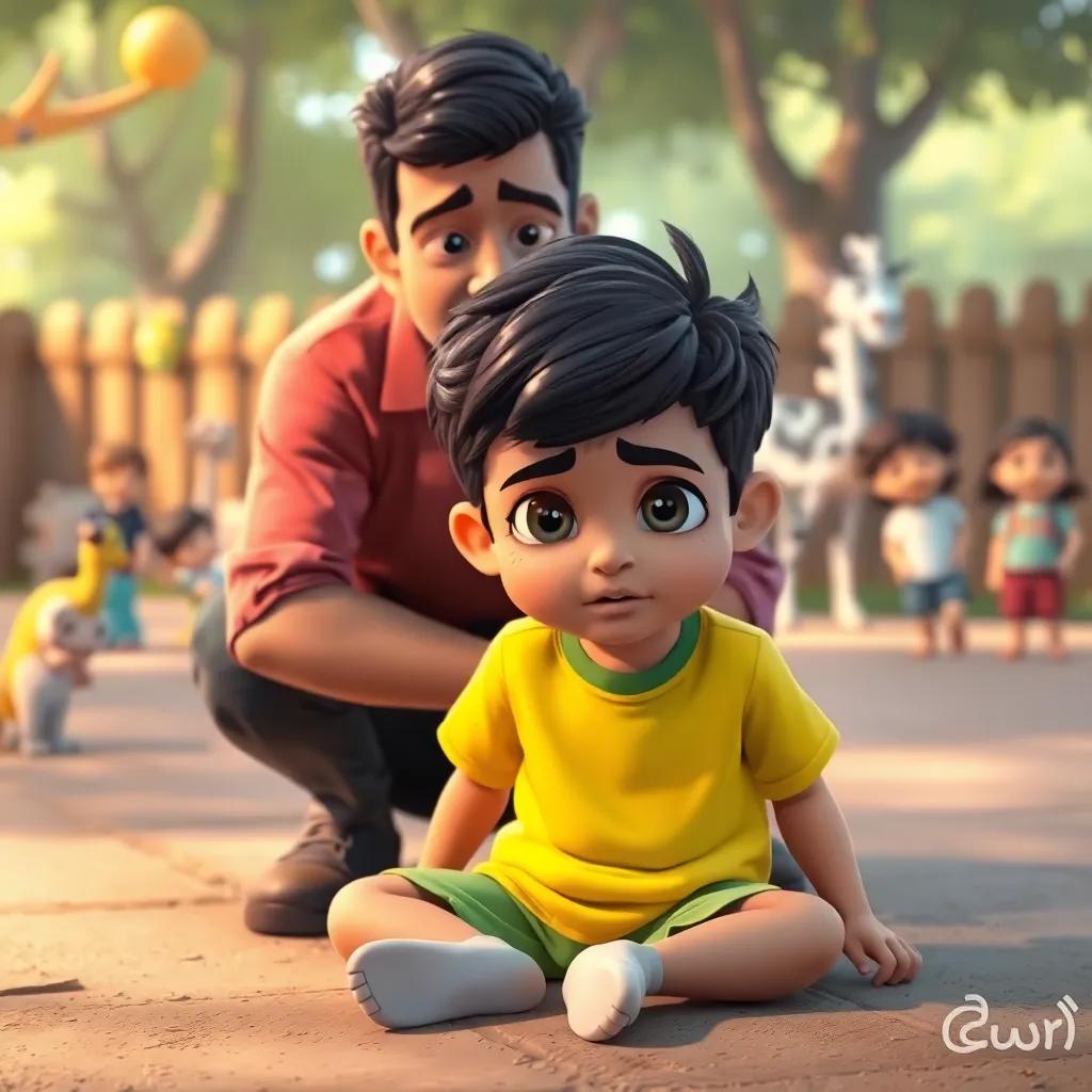 A young Arab boy, حسام, sitting on the ground with tears in his eyes wearing a bright t-shirt and shorts, his father crouching beside him with a concerned expression, background of the zoo with animals and children playing, heartwarming scene, emotional