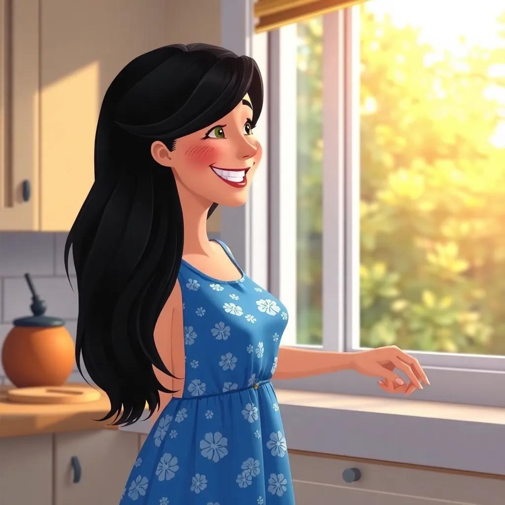 A cheerful mother with long, dark hair, wearing a summer dress, smiling as she talks to her husband by the kitchen window, digital art, bright colors, warm atmosphere, high quality