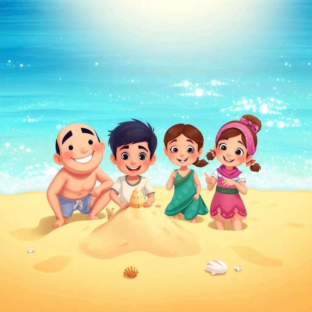 A happy family at the beach, with golden sand and sparkling blue water, a young boy named Ahmed building a sandcastle, and a girl named Nouf collecting seashells, colorful illustration, child-friendly, fun scene, high quality