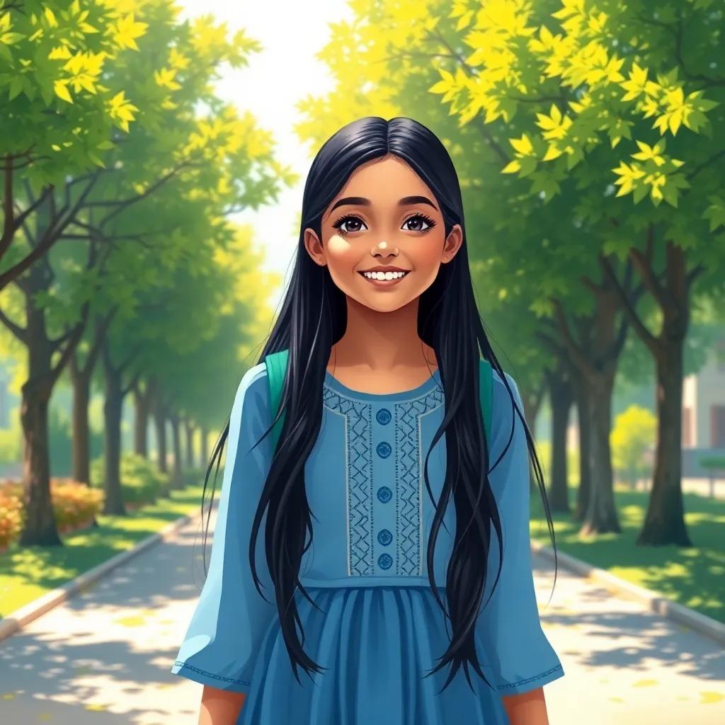 A young Arab girl, Layan, with long black hair, wearing a blue dress, smiling as she walks to school, surrounded by green trees and bright sunlight, digital art, cheerful, vibrant colors, sunny atmosphere, high quality