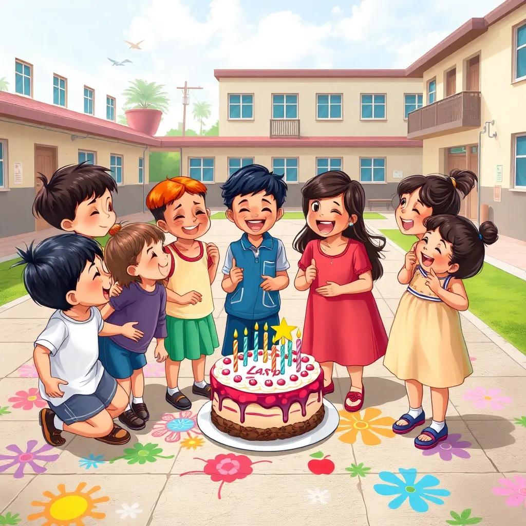 A group of children, including Layan, in a schoolyard with colorful drawings on the ground, celebrating with a cake and candles, laughter and joy in the air, illustration, festive, inviting colors, community feeling, high quality
