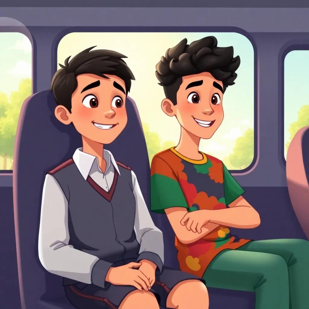 A young Arab boy, Ahmed, with short black hair wearing a school uniform, sitting on a bus with his friend, Youssef, who has curly black hair and a colorful t-shirt, looking out the window at trees and a sunny sky, cheerful atmosphere, illustration, vibrant colors, child-friendly