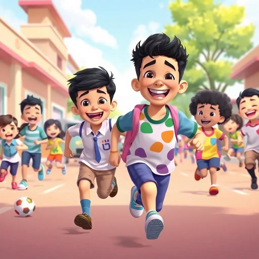A young Arab boy, Ahmed, with short black hair in a school uniform, and Youssef, who has curly black hair and a colorful t-shirt, running happily on a school playground, surrounded by laughing children playing soccer, energetic vibe, digital drawing, bright colors, joyous scene