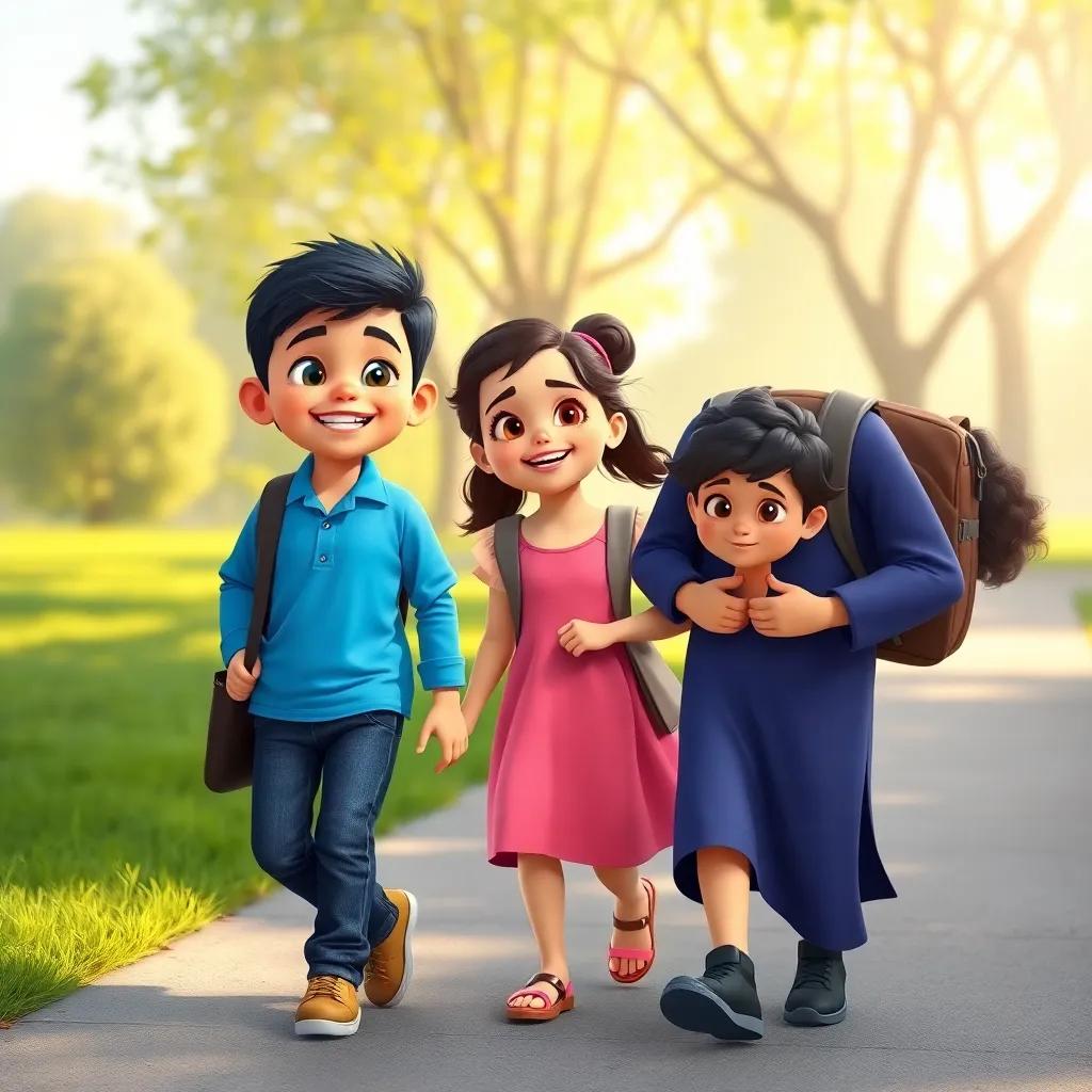 A young Arab boy, Muadh, with short black hair, wearing a blue shirt and jeans, happily walking to school with his little sister Naseeba, wearing a pink dress, and their friend Israa, with curly hair and a yellow dress, in a sunlit park, cheerful atmosphere, bright colors, high quality