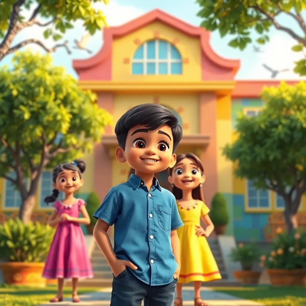 Muadh, a young Arab boy with short black hair in a blue shirt and jeans, standing in front of a colorful school building with Naseeba in a pink dress and Israa in a yellow dress, trees around them and birds singing, bright and inviting, joyful light, vibrant colors, storytelling view, high quality