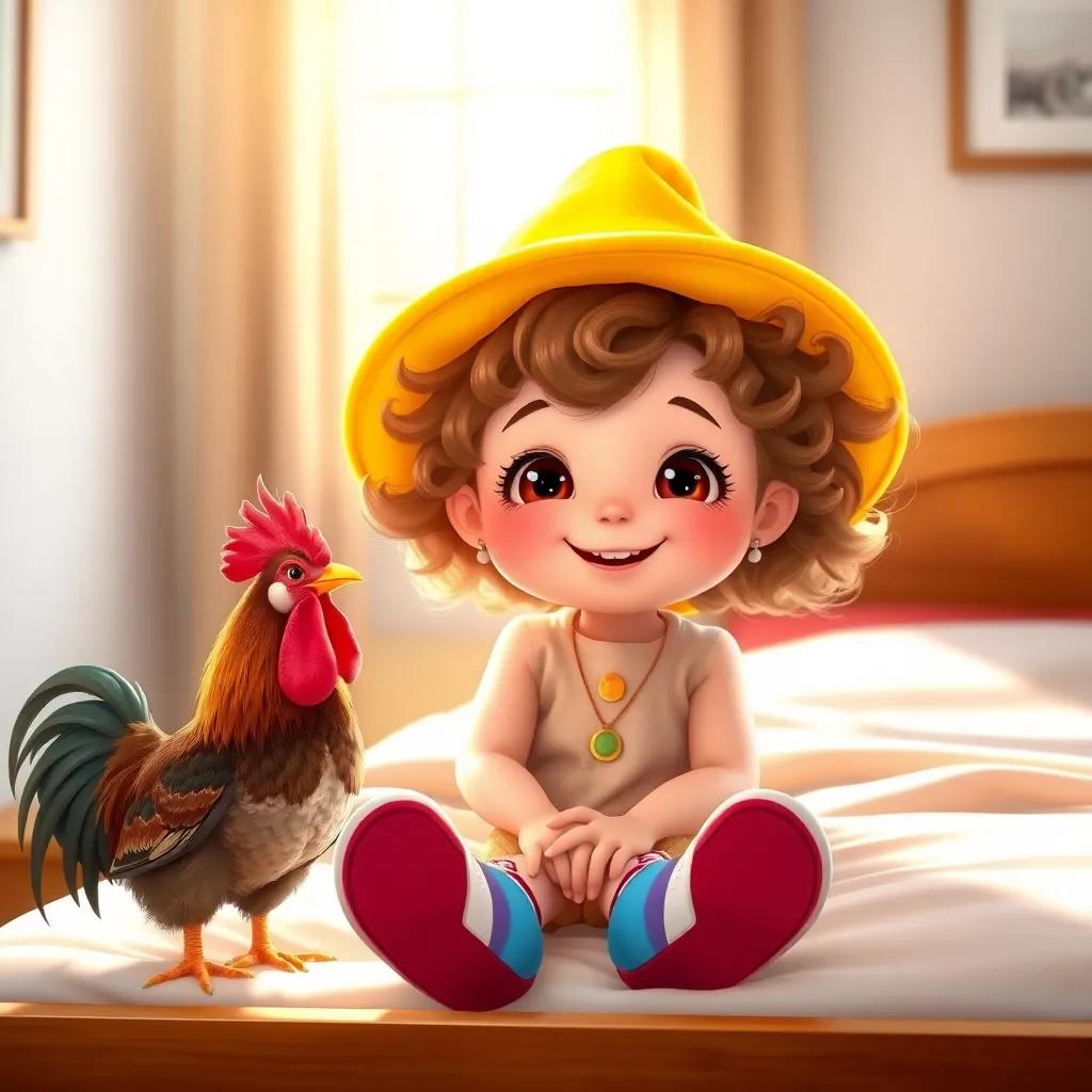 A young girl, Holly, with curly brown hair, wearing a bright yellow hat and colorful shoes, sitting on her bed with a smile, a rooster by her side, morning light streaming through the window, cheerful mood, digital art, vibrant colors, warm atmosphere, high quality