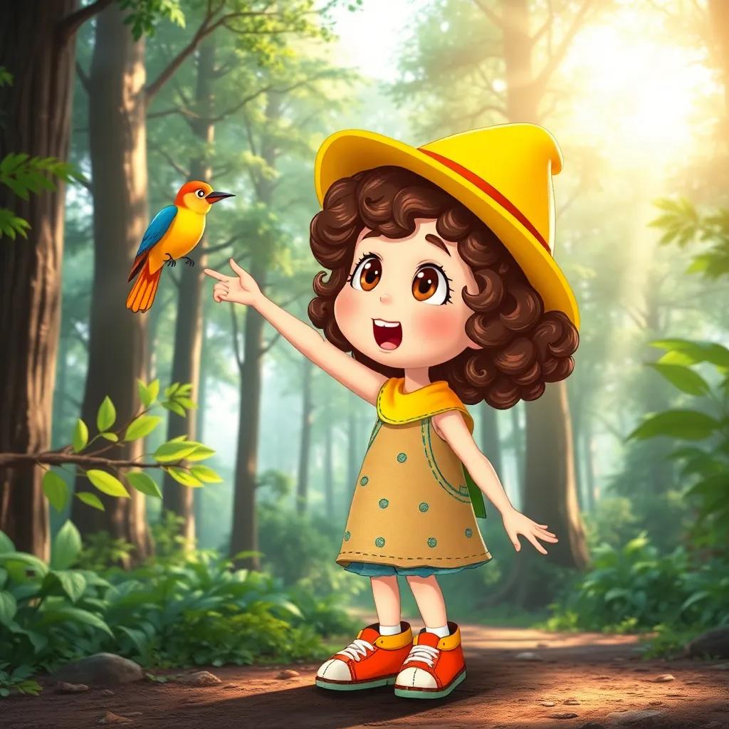 A young girl, Holly, with curly brown hair, wearing a bright yellow hat and colorful shoes, standing in a lush green forest with tall trees and beams of sunlight, amazed expression as she points at a colorful bird on a branch, lively and dynamic setting, illustration, colorful, adventure theme, child-friendly