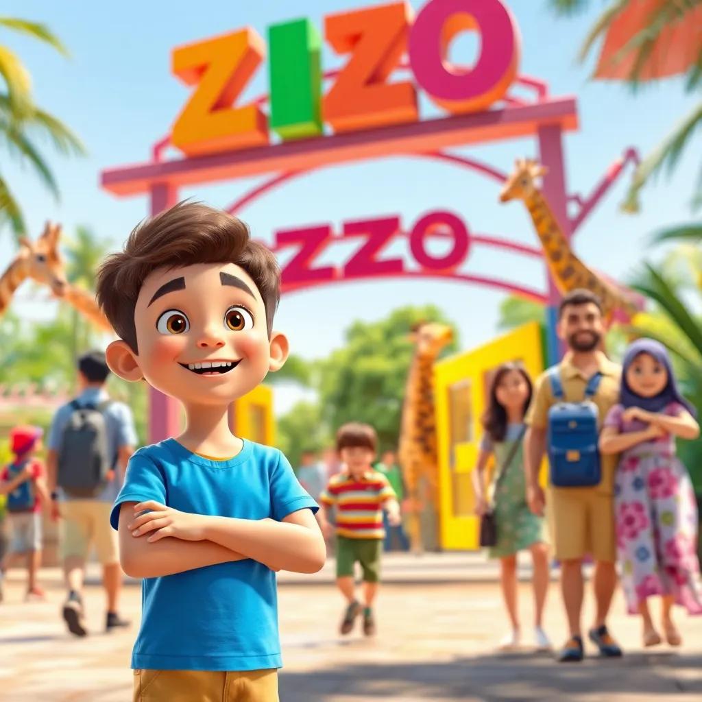 A young Arab boy, Sami, with short brown hair, wearing a blue t-shirt and shorts, excitedly standing at the entrance of the zoo with his family, colorful zoo entrance, bright and sunny day, cheerful, vibrant colors, happy atmosphere, high quality