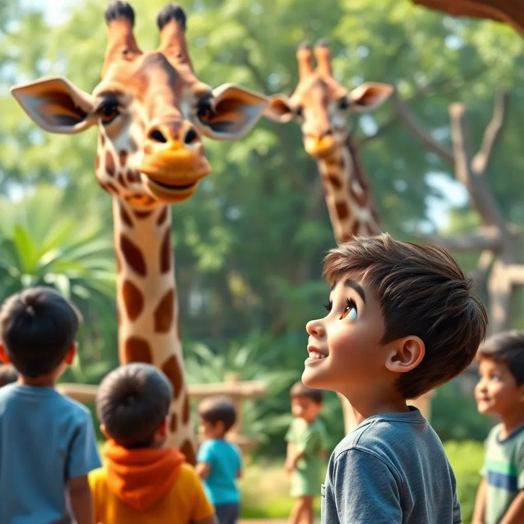A young Arab boy, Sami, with short brown hair, looking curiously at a tall giraffe in a zoo enclosure, surrounded by lush greenery and other children, engaging scene, bright colors, colorful and lively, capturing joy, high quality
