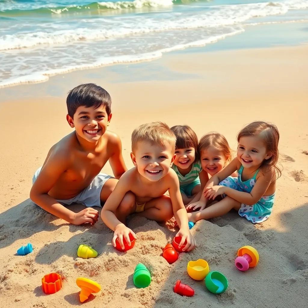 A bright sunny beach with gentle waves, children playing in the sand, a young boy and his family smiling and enjoying their time, colorful beach toys scattered around, digital art, vibrant colors, joyful atmosphere, high quality