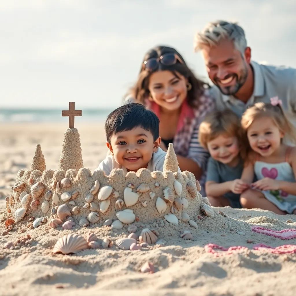 A beautiful sandcastle adorned with seashells, a young boy with short black hair building it with his family, mom and dad smiling, little sister drawing hearts in the sand nearby, soft sunlight, cheerful vibe, fun family moment, detailed art, high quality