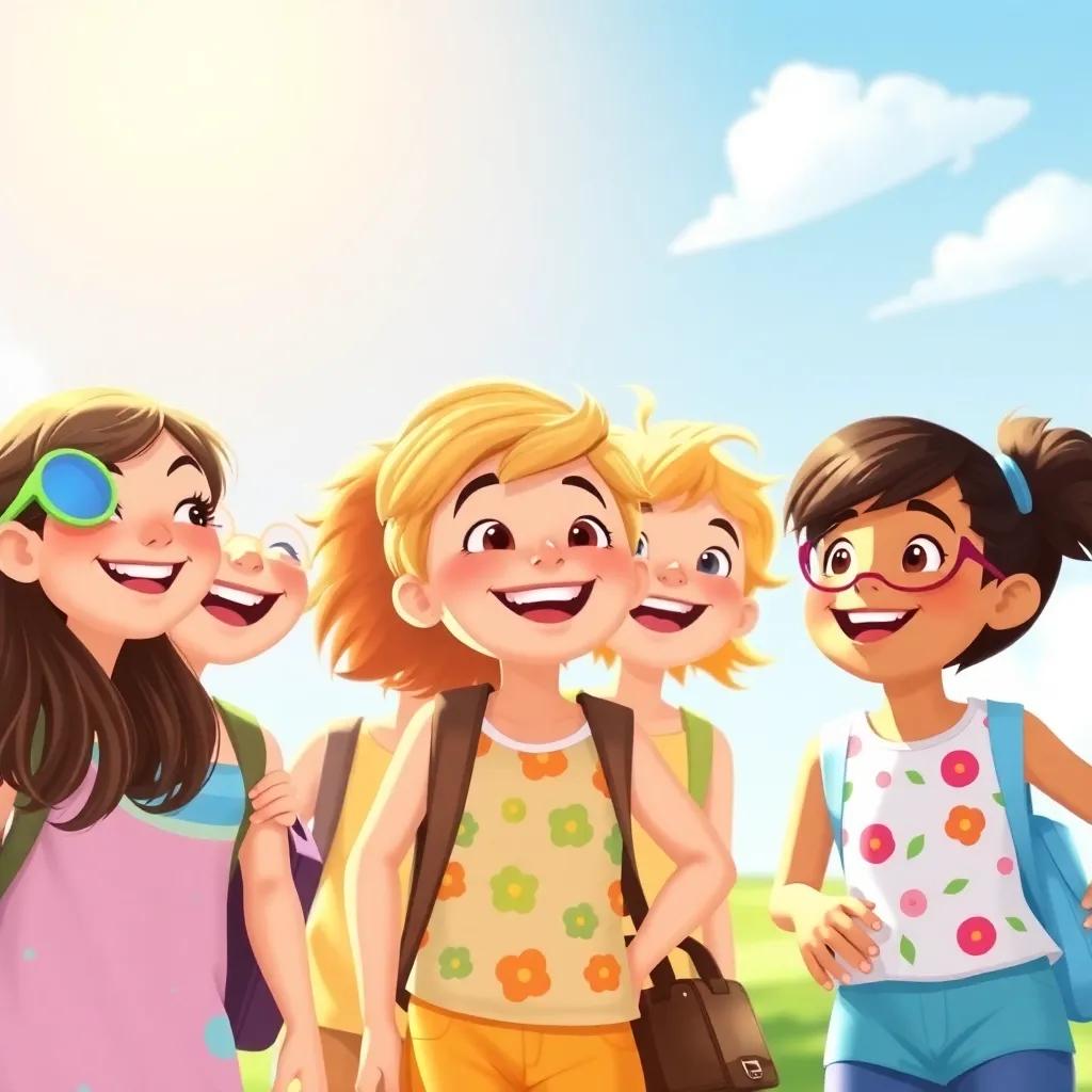 A happy group of children excited about going on a trip, smiling and chatting under a sunny sky, wearing colorful summer clothes, digital illustration, bright colors, cheerful atmosphere, high quality