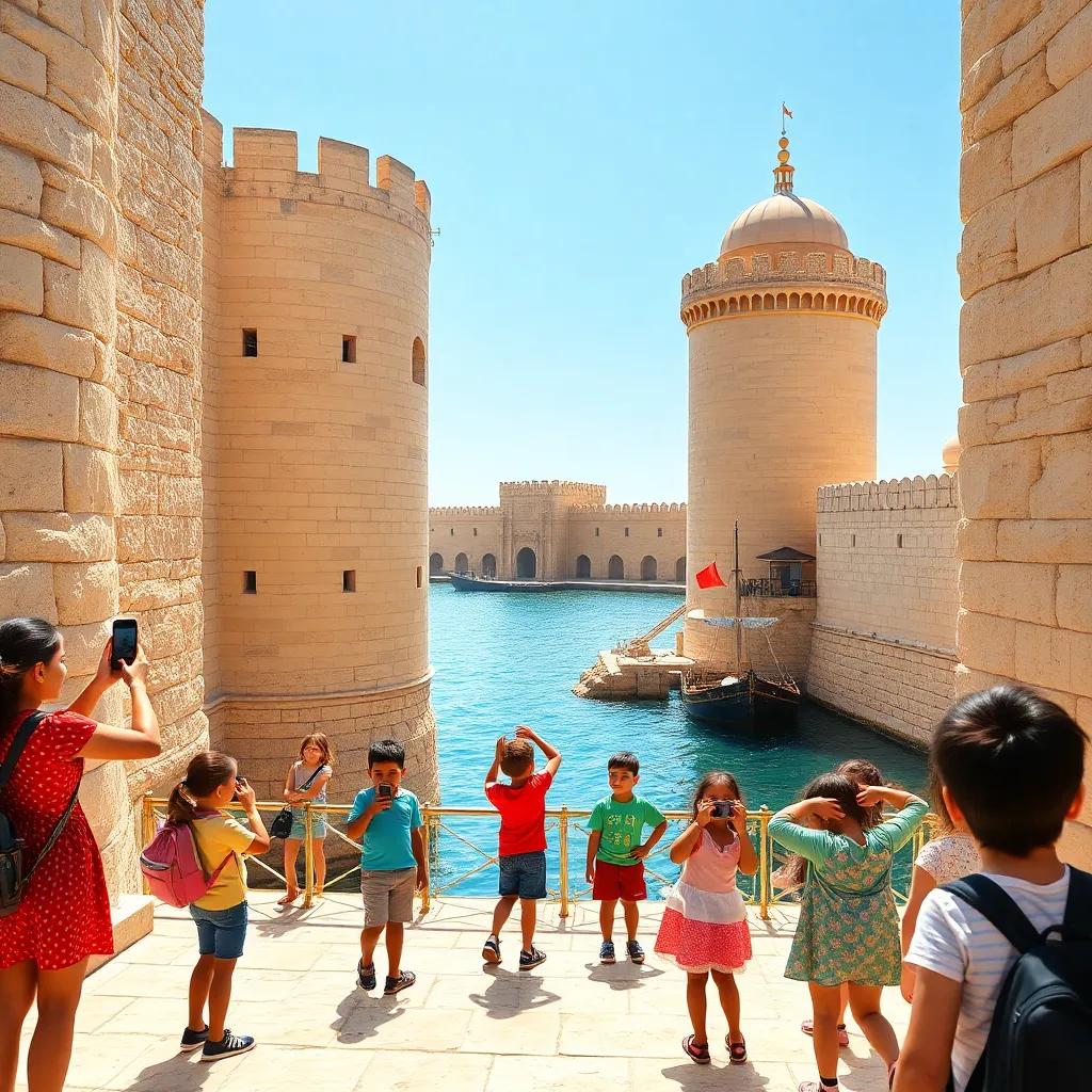 A stunning view of Qaitbay Castle in Alexandria with children taking pictures, the sea in the background and the castle walls, vibrant digital art, sunny day, high detail, joyful feeling