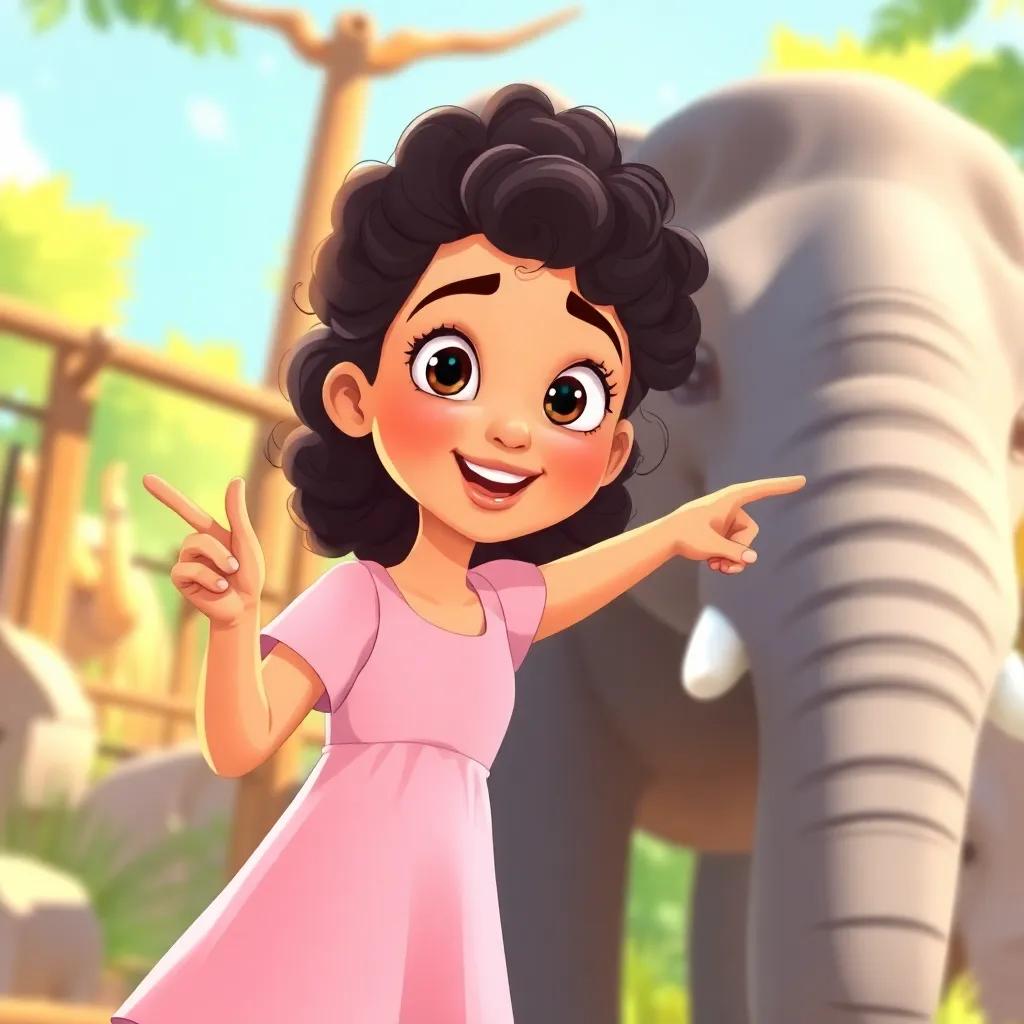 A young Arab girl, Watin, with curly dark hair, wearing a light pink dress, looking excited while pointing at an elephant at the zoo, bright sunlight, vibrant colors, joyful atmosphere, detailed illustration, child-friendly art