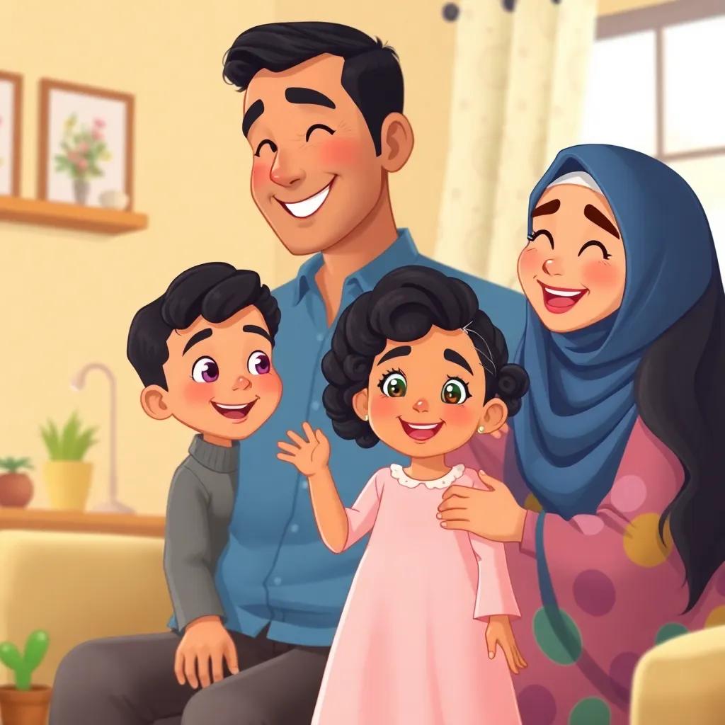 A happy family scene with Watin, a young Arab girl with curly dark hair in a light pink dress, her father Omar who is tall and wearing a blue shirt, and her mother Khulood with long black hair in a colorful hijab, all smiling together at home, warm light, cozy setting, vibrant colors, heartwarming illustration