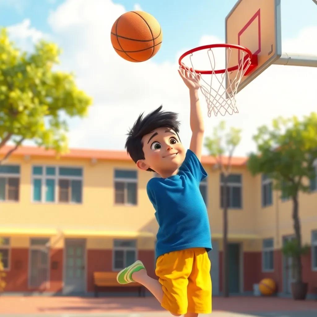 A young Arab boy, Sami, with short black hair wearing a blue t-shirt and yellow shorts, jumping to shoot a basketball into the hoop in a sunny schoolyard, digital art, bright colors, cheerful atmosphere, high quality