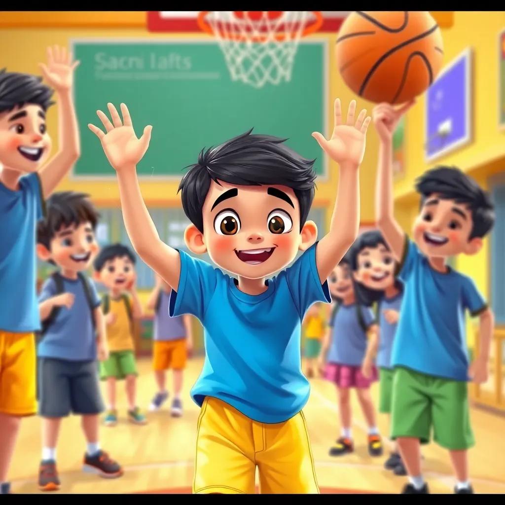 Sami, a young Arab boy with short black hair in a blue t-shirt and yellow shorts, celebrating with friends after scoring a basket, surrounded by happy classmates, vibrant school background, child-friendly, lively energy, high quality