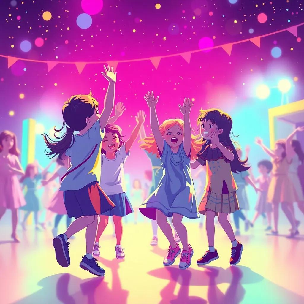 لطيفة ترقص تحت المطر مع الأطفال الآخرين، بسعادة وحرية، تملؤهم الفرح والأمل، digital art, joyful scene, children dancing, celebration