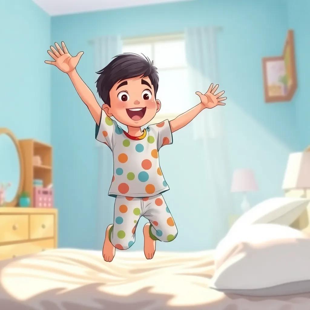 A young Arab boy, Walid, with short black hair, wearing a colorful T-shirt and pajamas, jumping out of bed with excitement in a bright bedroom, sunlight streaming in, cheerful atmosphere, digital art, bright colors, high quality