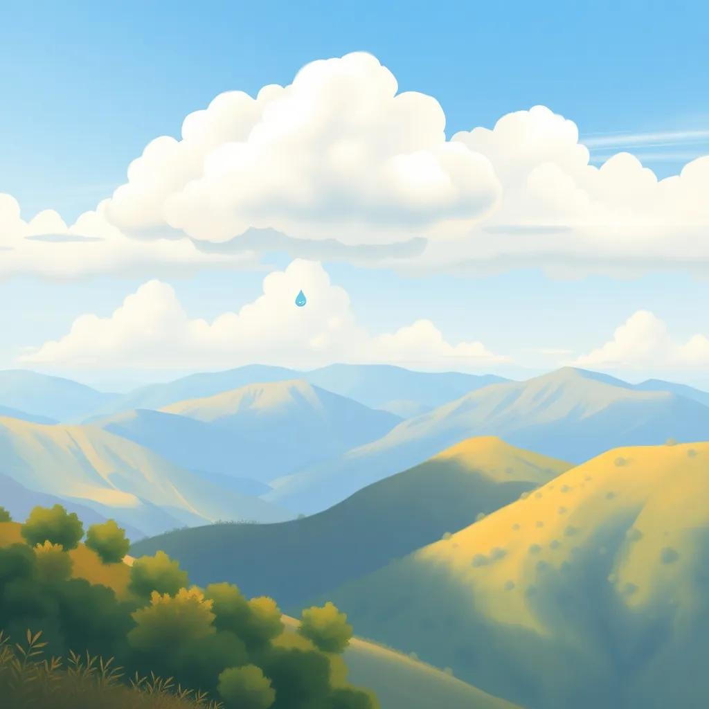 A peaceful morning over the Aurès Mountains with white clouds gathering joyfully in the sky, a little raindrop jumping from a cloud, digital art, soft pastel colors, warm sunlight, high quality
