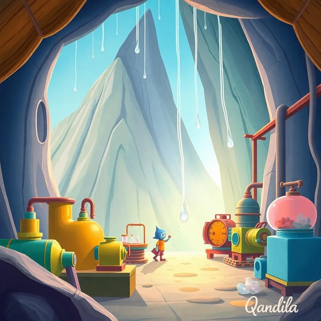 A magical scene inside the mountain where the little raindrop, now named Qandila, is exploring a clean modern factory, colorful machines and gentle light, vibrant colors, child-friendly atmosphere