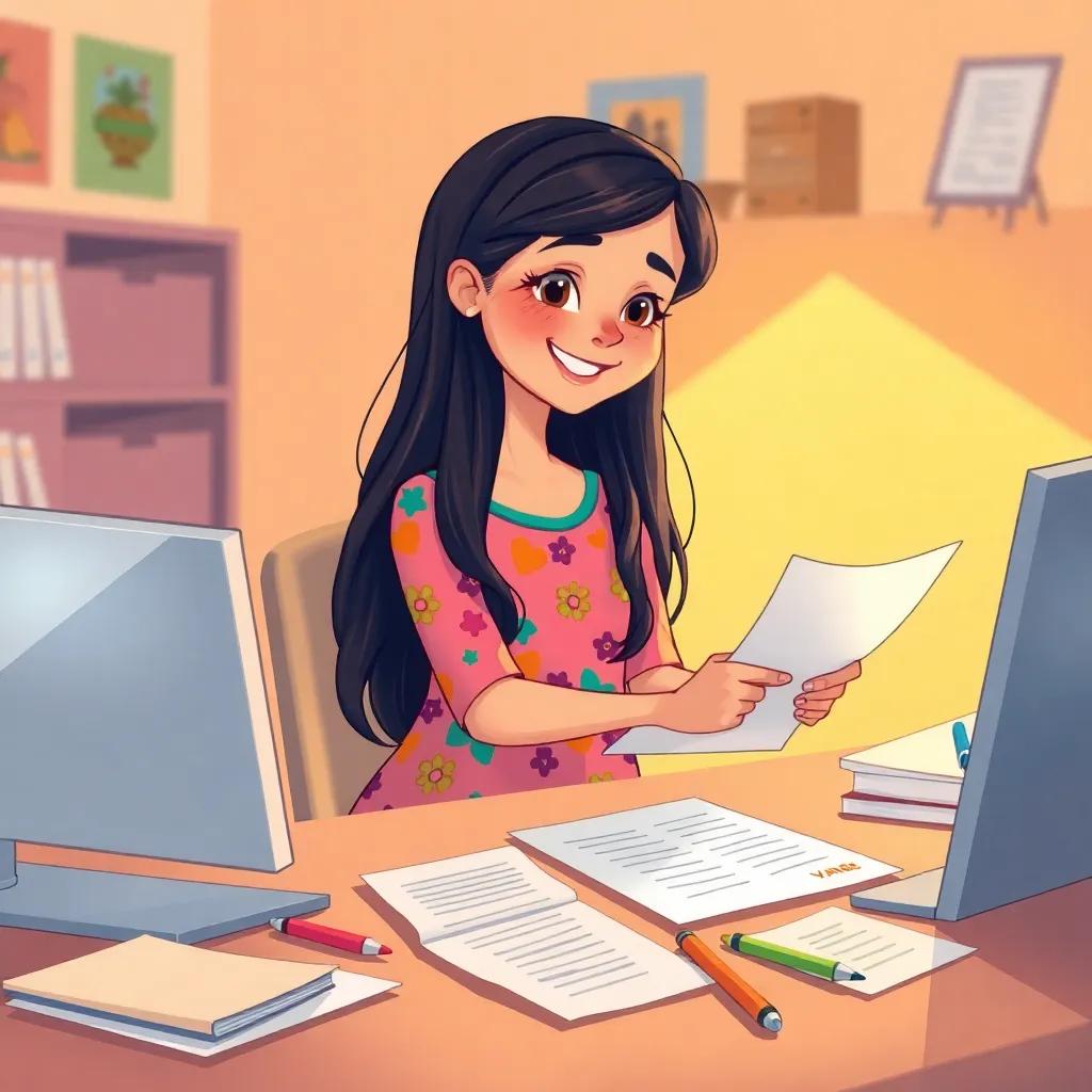 Yara, a young Arab girl, with long, dark hair in a colorful dress, filling out a form on her computer, papers and pens scattered around, joyful expression, warm light, inviting vibe, illustration, engaging, vibrant colors