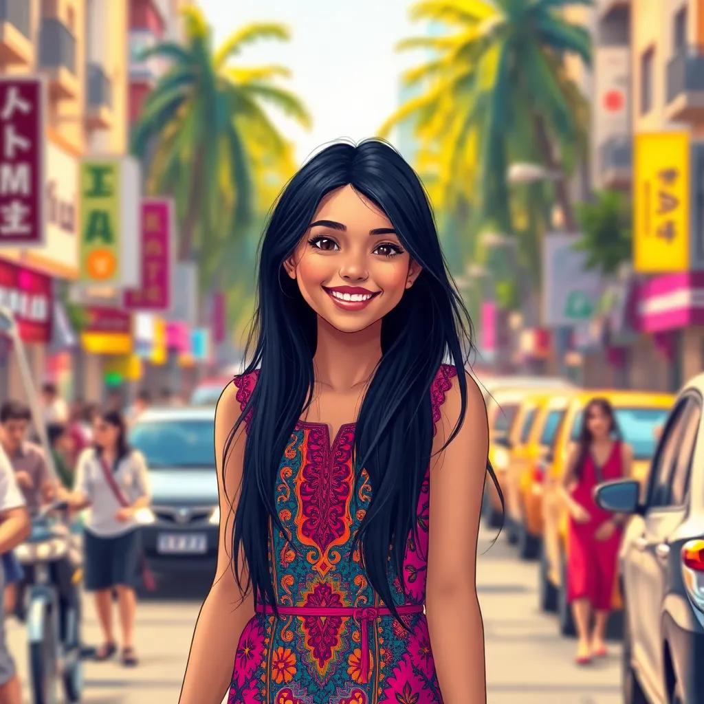 A young Arab girl, Yasmin, with long black hair and a colorful dress, smiling as she walks on a busy street filled with people and cars, bright sun shining down, cheerful atmosphere, vibrant colors, detailed digital art, warm sunlight, high quality
