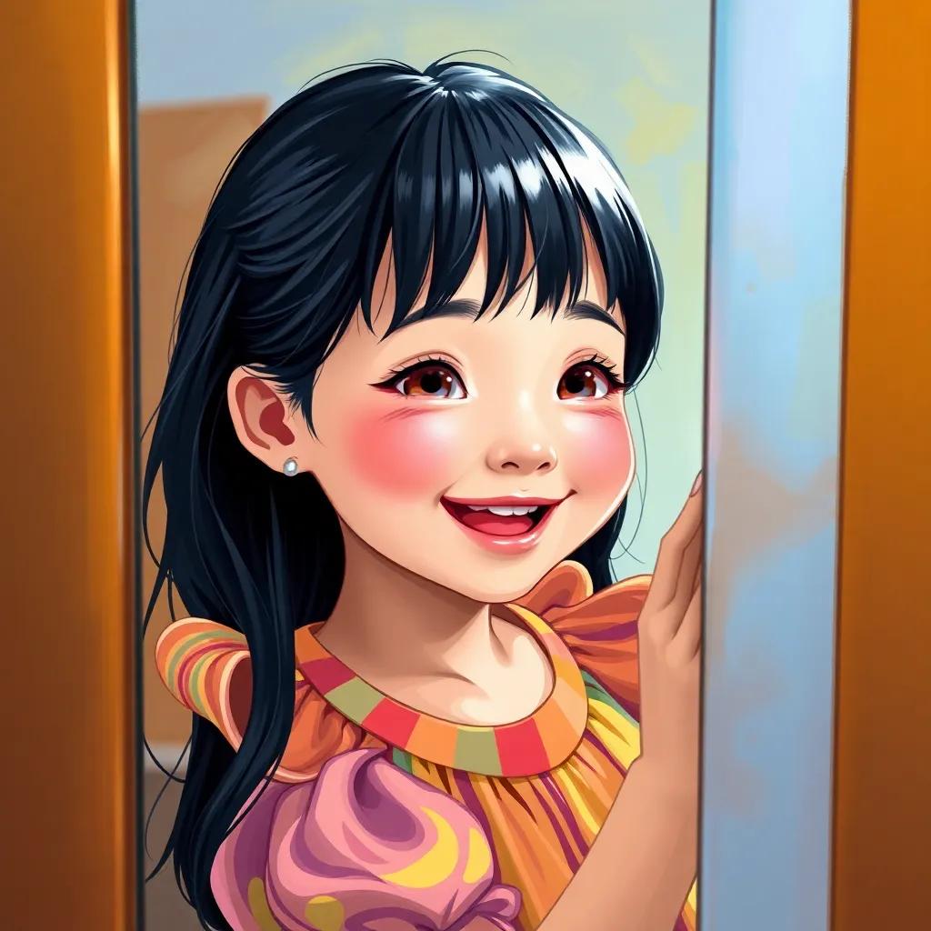 A cheerful young girl, Yuka, with shiny black hair and wearing a colorful dress with soft fabric, looking into a mirror, smiling with excitement, digital art, bright colors, joyful atmosphere, high quality