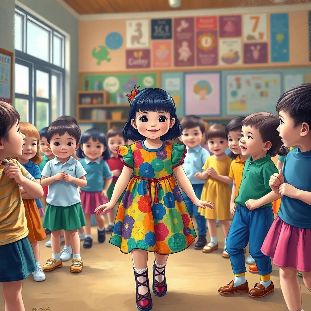 A confident young girl, Yuka, still in her colorful dress, leading her friends in a game at school, with other children watching, filled with fun and laughter, illustration, vibrant scene, playful environment, high quality