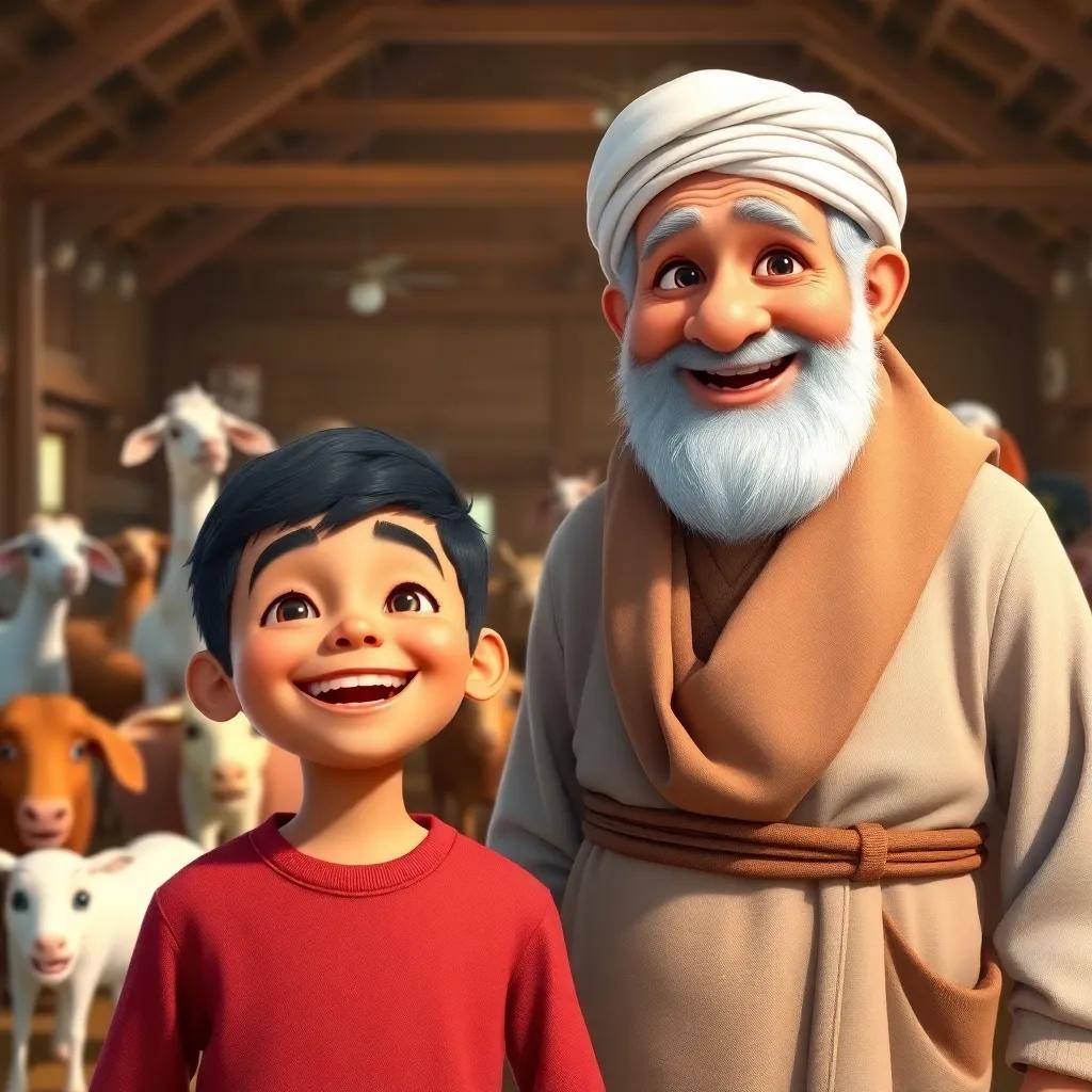 Younes, a young boy, smiling widely, standing in front of a kind old man, Uncle Hassan, who has a warm smile and is wearing traditional clothes, a large barn filled with various animals behind them, inviting scene, friendly mood, vibrant colors.