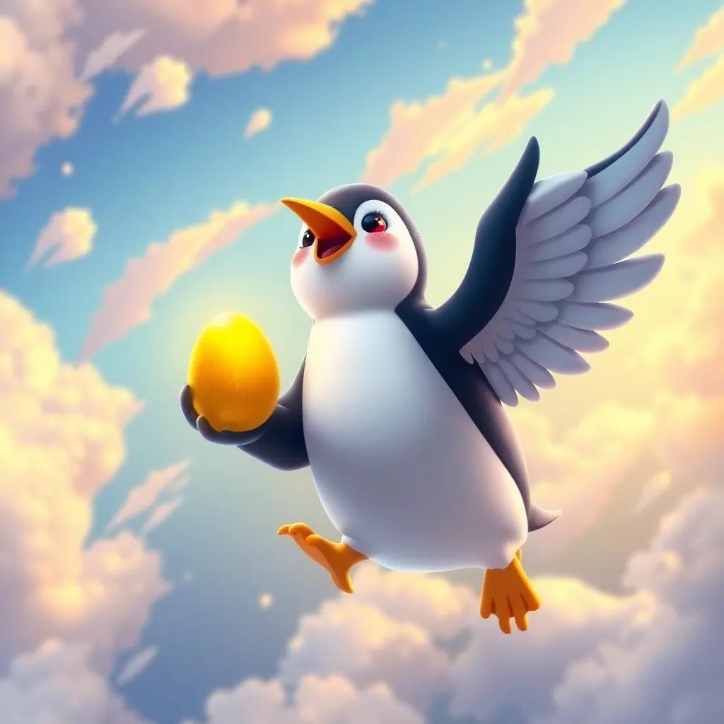 A unique penguin, James, with magical wings soaring in the sky, holding a shining golden egg, vibrant artwork, cheerful atmosphere, whimsical colors, high viewpoint, joyful scene, high quality