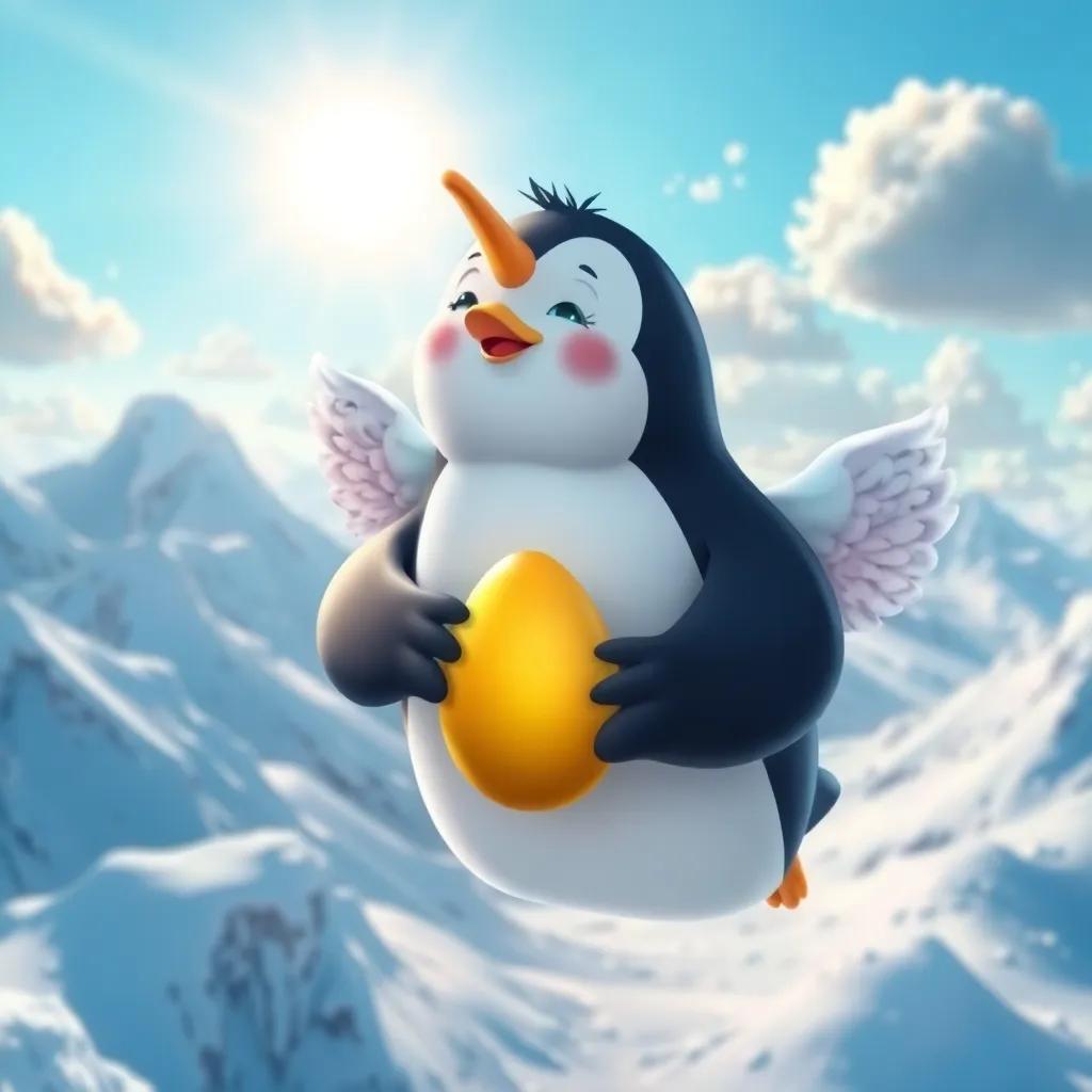 James, the penguin, with magical wings, flying over a snowy landscape, bright sun shining, with fluffy clouds, showcasing a golden egg in his grasp, colorful, delightful depiction, cartoon style, inviting view, high quality