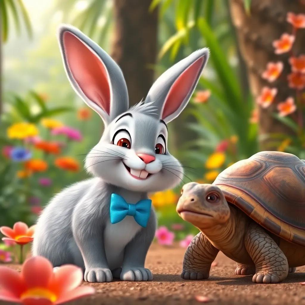 A cheerful rabbit, with soft gray fur, wearing a small blue bowtie, smiling brightly while talking to a slow turtle, in a vibrant jungle with colorful flowers and tall trees, digital art, bright and cheerful colors, inviting atmosphere, high quality