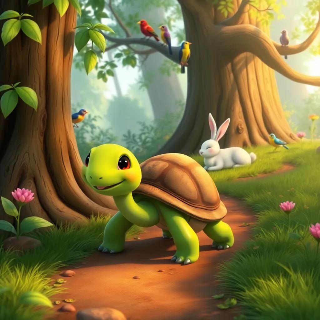 A cheerful turtle, with green smooth skin, walking slowly on a forest path while the rabbit sleeps under a tree, surrounded by lush greenery and colorful birds, illustration, warm light, peaceful scene, child-friendly