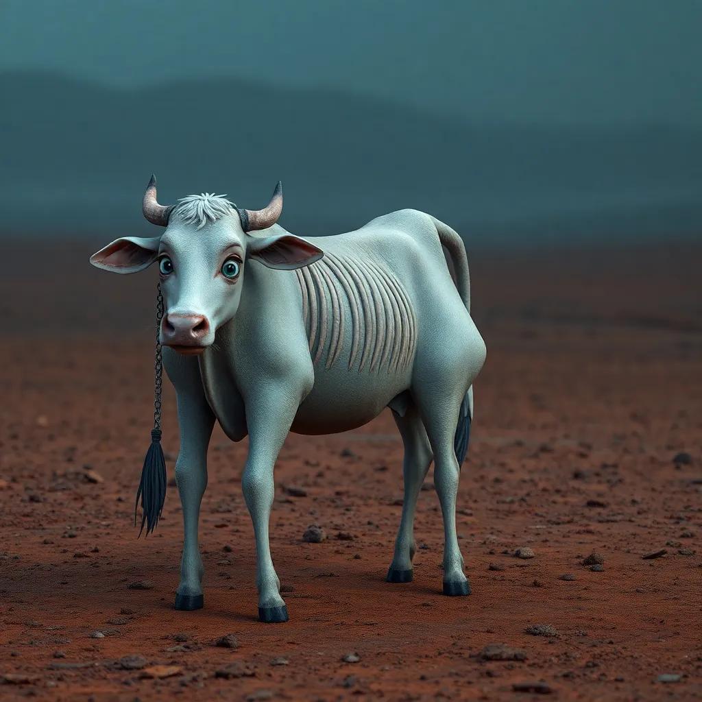 A very weak cow, with visible ribs and spine, standing in a desolate, dry land, her hollow eyes showing sadness, digital art, somber colors, bleak atmosphere, high quality